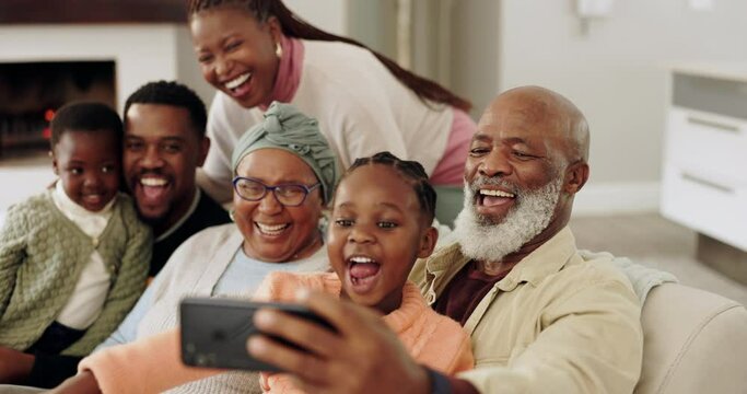 Family, selfie and laughing on sofa at home with mother, grandparents and children together. Social media, profile picture and love with mom, African elderly people and kid with laugh, care and happy