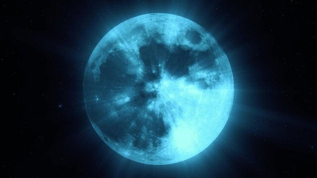 High resolution video with shinig full moon. Super moon. Attractive background night sky with cloudy and bright full moon. Nightly sky with beautiful full moon. The moon with blue shine rays