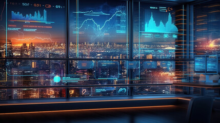 Stock market business concept with financial chart on screen and metropolis. Economics, finance, investment, trading background. AI generated