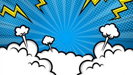 Pop art comic background with clouds and lightning bolts. Cartoon Vector Illustration