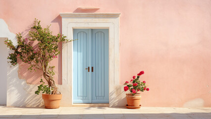 Fototapeta na wymiar Old blue Door and flower pots on the street in mediterranean. generative ai 