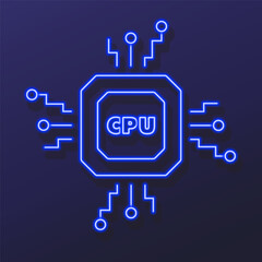 cpu neon sign, modern glowing banner design, colorful modern design trends on black background. Vector illustration.