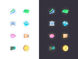 Simple set of colored icons about money for dark and light background. Contains such icons as cash, wallet, credit card, gem and others.