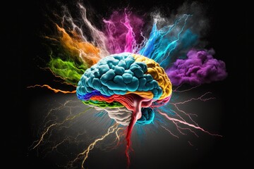A human brain bursting with activity in colorful colors, Generative AI.