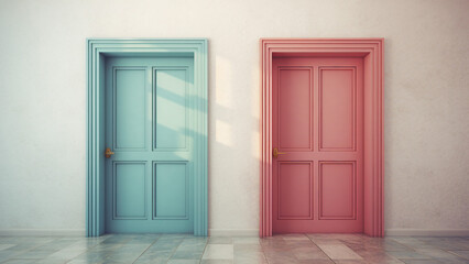 f two doors in a room with pink and blue walls. generative ai 