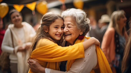 Granddaughter congratulates her elderly grandmother on her birthday. Celebrating with her family at home. Created with Generative AI technology.
