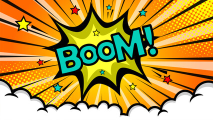 Pop art comic background with clouds and stars. Cartoon Vector Illustration