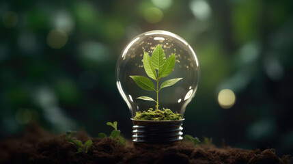Growing up in an energy-efficient light bulb, the concept of clean and sustainable energy options. Created with Generative AI technology.