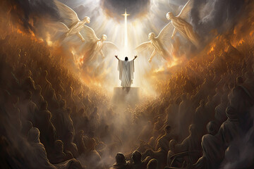 Jesus recieves light from heaven above, cross and angels and followers are saved by his healing hands