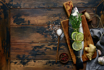 Fresh raw organic sea bass with ingredients for making. Top view with copy space.