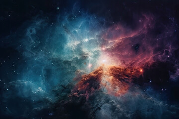 Nebula in space, stars and planets in cosmic nebula, bright light from celestial bodies in deep space, generative AI.