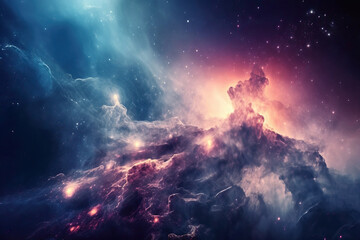 Fototapeta premium Nebula in space, stars and planets in cosmic nebula, bright light from celestial bodies in deep space, generative AI.