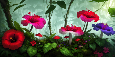 Tropical flowers in the jungle, bright illustration, ai generated