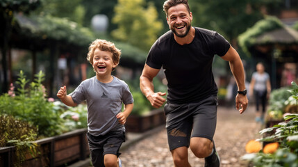 Fototapeta premium middle age man and childen exercise in the morinng. joygul healthy family running with sunset.