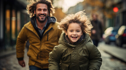 Fototapeta premium middle age man and childen exercise in the morinng. joygul healthy family running with sunset.