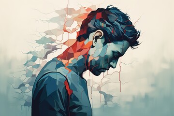 Male mental health, depression, stress, melancholy, psychology art concept. Side view of a sad young man with his head down, illustration - obrazy, fototapety, plakaty