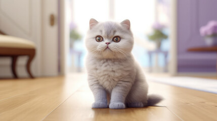 Little cute kitty in purple color and white shadow background