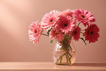 Pink gerbera flowers in a glossy vase on beige table with pink wall background. High Quality Photo. Generative Ai