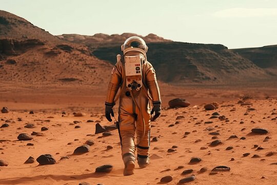 An astronaut in a space suit walks around the red planet of the solar system Mars, generative A.