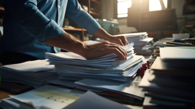 Businessman hands working in Stacks of paper files for searching information on work desk in office