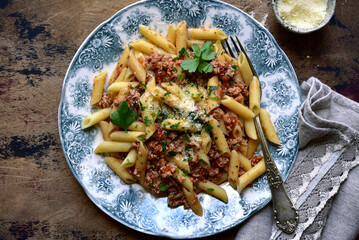 Traditional italian pasta bolognese. Top view with copy space.