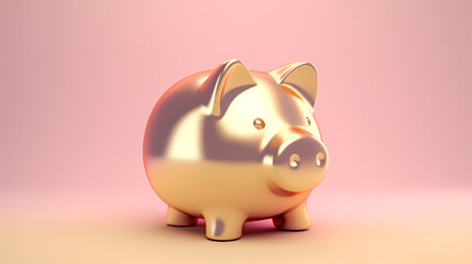 Golden piggy bank 3d render on pastel background. Glossy realistic piggy bank, digital art.