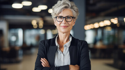 Fototapeta premium A middle-aged businesswoman stands with her arms crossed and looks at the camera in front of the office. Created with Generative AI technology.