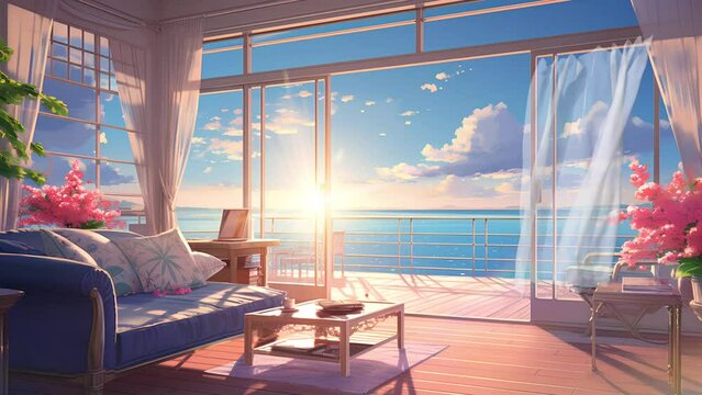 living room at the top with sunrise and sea view. Seamless looping animated background. Animated looping background.