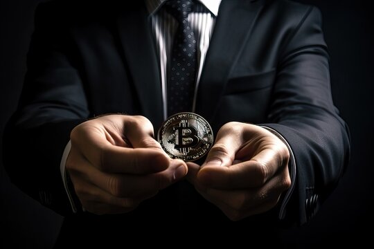 A man holding a bitcoin coin in his hands, a man dressed in a classic black suit, Generative AI.