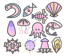 set of marine animals flat