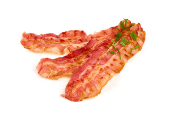 Cooked bacon rashers with egg, close-up, isolated on white background.