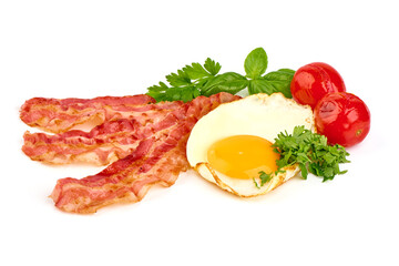 Fried pork bacon with eggs, isolated on white background.