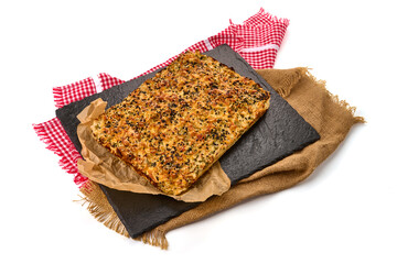 Cabbage casserole, freshly baked pie, isolated on white background. High resolution image.