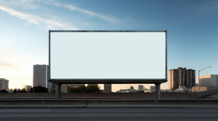 Fototapeta na wymiar Mockup Large white blank billboard or white promotion poster displayed on the outdoor against the blue sky background. Created with Generative AI technology.