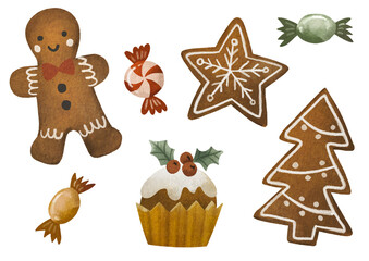 Isolated holiday cookies illustration with cookie man, cupcake, gingerbread cookies, sweets. Watercolor Christmas candies collection. Seasonal illustration for winter, posters, cards, nursery.