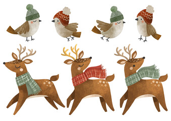 Hand drawn watercolor Santa's reindeer and flying birds. Cute little winter jumping deer, sparrows set. Childish illustration for kids, baby room, posters, cards, nursery, apparel, scrapbooking.