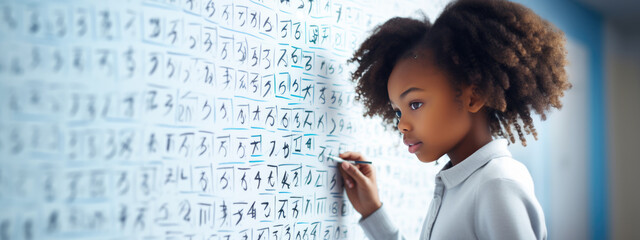 Portrait of african american girl writing solution of sums on school board. Created with Generative AI technology.