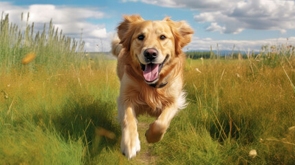 Dog golden retriever running in the grass with happiness expression 