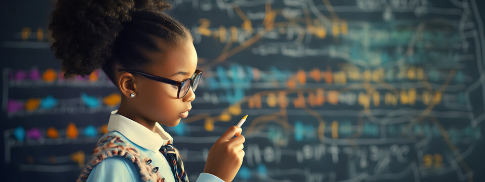 Portrait of african american girl writing solution of sums on school board. Created with Generative AI technology.