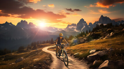 Woman ride electric mountain bikes in the Dolomites in Italy. Mountain biking adventure on beautiful mountain 