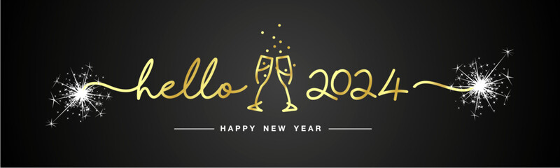 Hello 2024 Happy New Year gold handwritten line design typography shapes 2024 with white sparkle firework and champagne glasses on black background banner © simbos