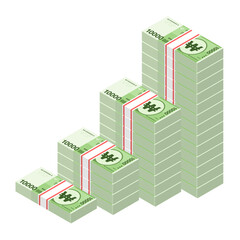 Isometric stacks of 10000 South Korean Won banknotes rising up graph. Big pile of money. Cash flow stairs. Business concept profit growth. Vector illustration