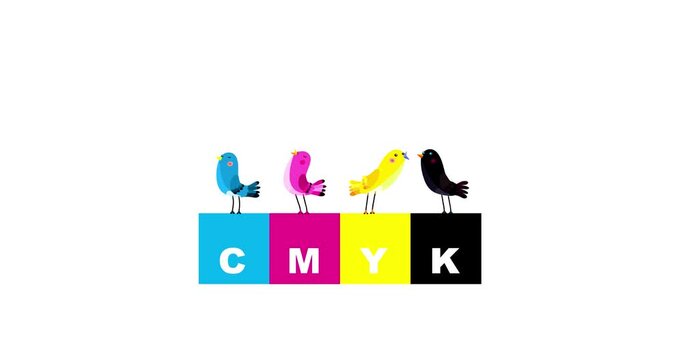 CMYK color squares and singing birds of CMYK colors isolated. Metaphor for a DTP process poligraphy printing graphic design etc ...