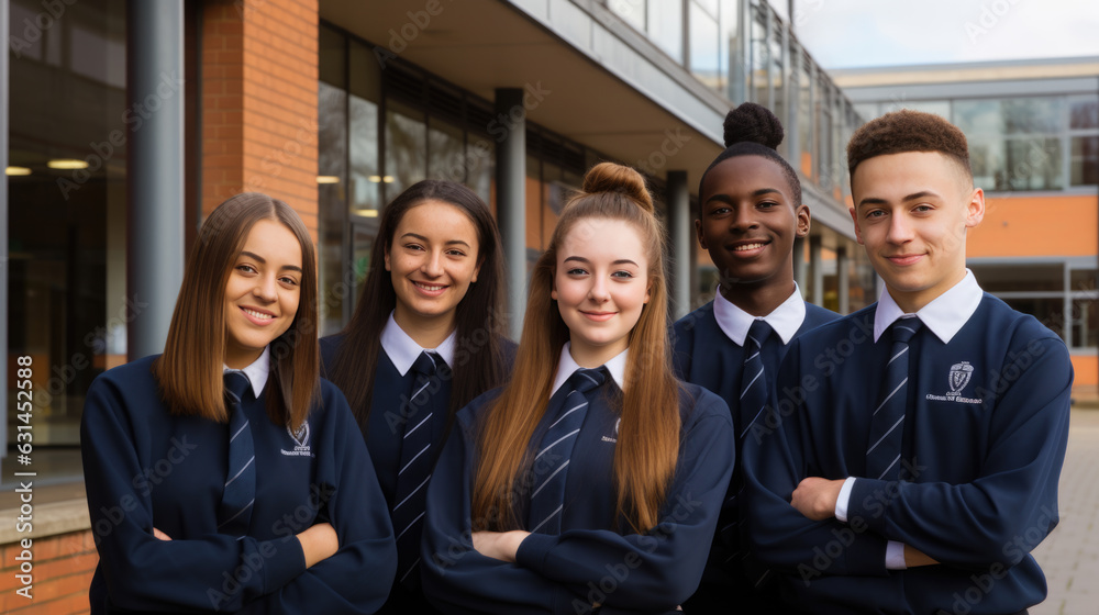 Fototapete group of private school students stand outside in uniform in front of the school building. created w