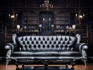 Posh retro waiting room with a black leather couch at night. Rich expensive vintage interior with a fancy couch, bookshelves and candelabras. AI-generated