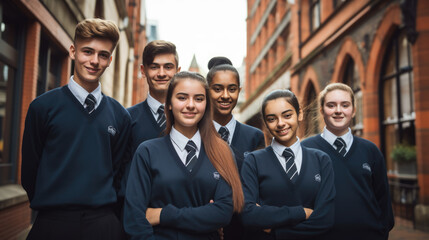 Group of private school students stand outside in uniform in front of the school building. Created with Generative AI technology.