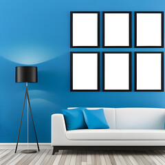 Light Blue Wall with  Vertical Paintings wwith table - Mockup. Modern decoration concept, AI generative