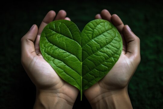 closeup of hands holding heart made of leaves concept of love of nature