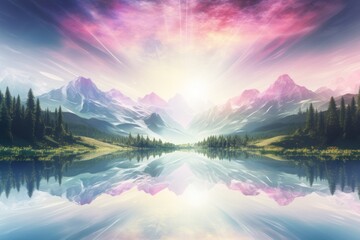 symmetric holographic mountains crystal lake reflection concept of clean environment - obrazy, fototapety, plakaty