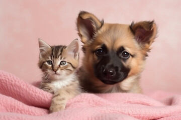 Obraz premium A heartwarming studio portrait photography capturing the adorable moments of a cute puppy and a cat snuggled on a pink blanket, radiating love and friendship. Ai generated